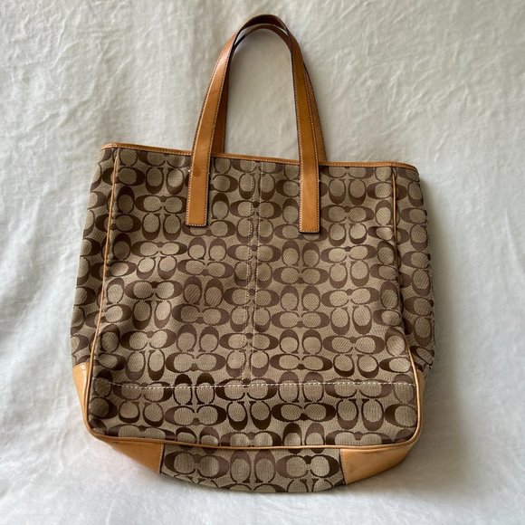 Coach Bag Canvas Large 7069 Brown Tan Leather Tote​ - Picture 2 of 3
